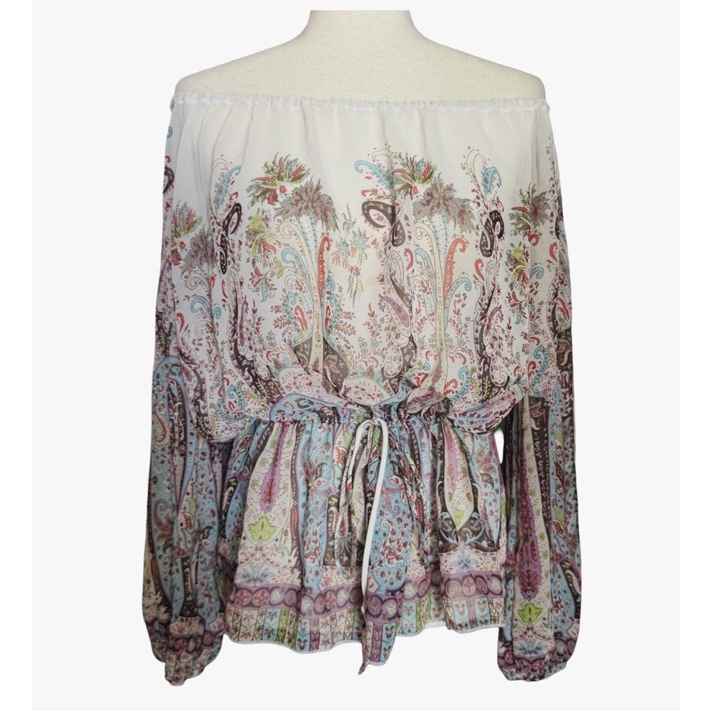 Fairycore Sheer Top Sz M •Drawstring Waist Boho Prairie Floral Paisley Angelic
